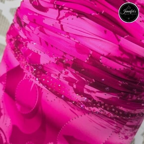 Capri by Mon Cheri Hot Pink Ruched Beaded Bodice A-Line Flared Long Dress 10/12 - Picture 5 of 14